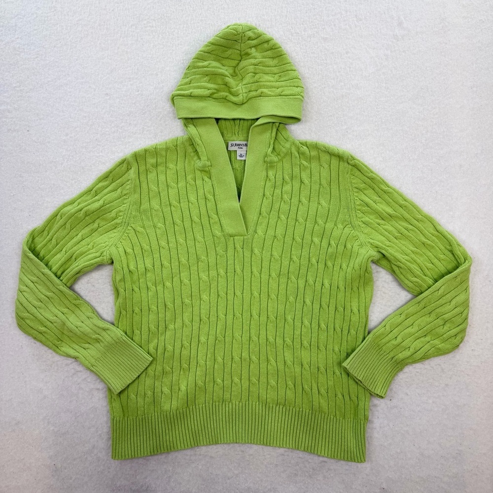 St. John's Bay Y2K Women's Green Cotton Cable-Knit V-Neck Hooded Sweater Size PL